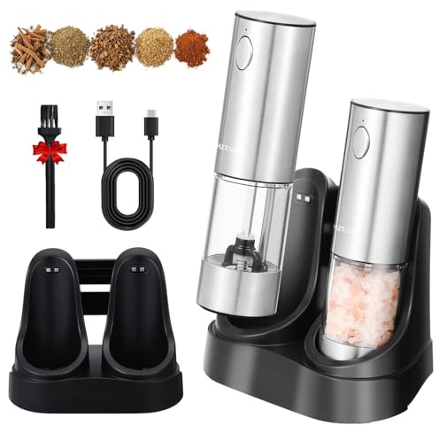Ensemble moulin à poivre et sel électrique avec base de charge, moulin à poivre rechargeable en acier inoxydable avec grande capacité de 100 ml, lumière LED blanche et broyeur à grossièreté réglable,