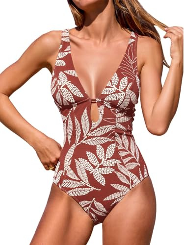 CUPSHE Costume da bagno intero da donna, con scollo a V profondo, oblò e anello, testurizzato, L