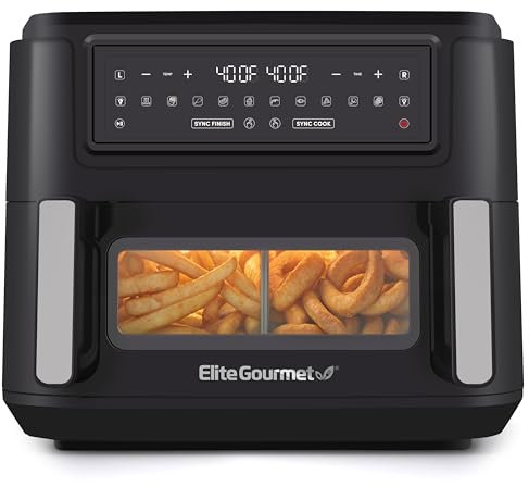 Elite Gourmet Dual Zone Air Fryer Oven 11QT, Dual Basket Air Fryer with Divider, Sync Finish & Sync Cook, PFAS Free Nonstick, 10 Presets, Air Fry Bake Roast Broil Toast Dehydrate, 1600W Black