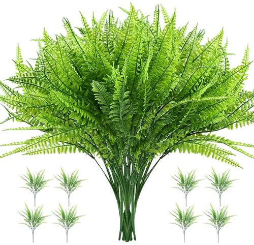 SuQurtom 8pcs Artificial Fern Plants - UV Resistant Plastic Fake Fern Bushes for Indoor Outdoor Decoration Realistic Faux Greenery for Garden, Patio, Balcony & Home Décor