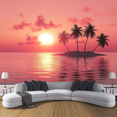 Fototapete Abstrakte Meereslandschaft 3D Effekt, Palmen Kleine Insel Panorama Modern Wohnzimmer Schlafzimmer Büro Flur Fototapete, 450X315Cm (B×H) Wandtapete Seidenstoff Tapete Uv-Beständig