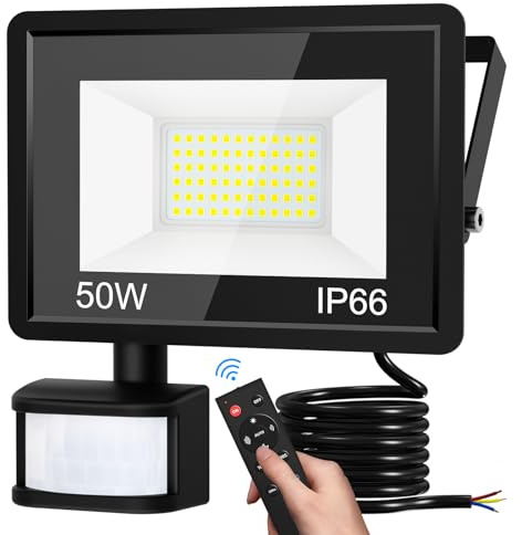 vighep Led Strahler mit Bewegungsmelder Außen, 50W Superhell LED Fluter mit Fernbedienung, IP66 Wasserdicht Scheinwerfer, 6500K Kaltweiß Aussenlampe für Garten Garage Hof Wand