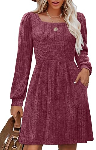 Aokosor Women Dresses Long Sleeve Jumper Dress Ladies Square Neck Tunic Dress with Pockets Knee Length Jumper Dress Size 10-12 Fuchsia M