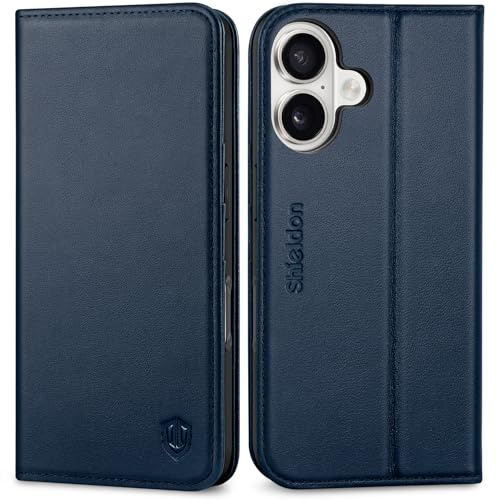 SHIELDON Wallet Case for iPhone 17 6.3-inch 2025 | Genuine Leather | Foldable | RFID Blocking Credit Card Holder | Kickstand | Magnetic Closure | Shockproof TPU Phone Cover | Navy Blue