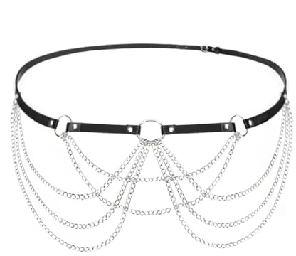 Gothic Gürtel mit Ketten, Festival Outfit Damen, Rave Gothic Leder Körperkette, Rave Accessoires, Punk Leder Taillenkette, Taillenkette, Rave Bauchkette Festival Schmuck für Frauen