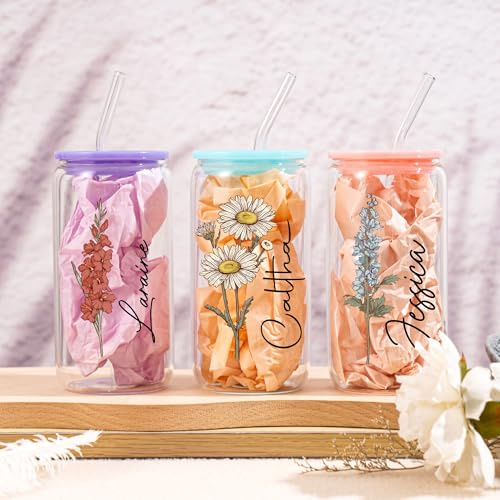 Verre personnalisé 16oz Birth Flower Tumbler, gobelets en verre avec couvercle et pailles, cadeaux pour les femmes, les amies, les cadeaux pour elle.