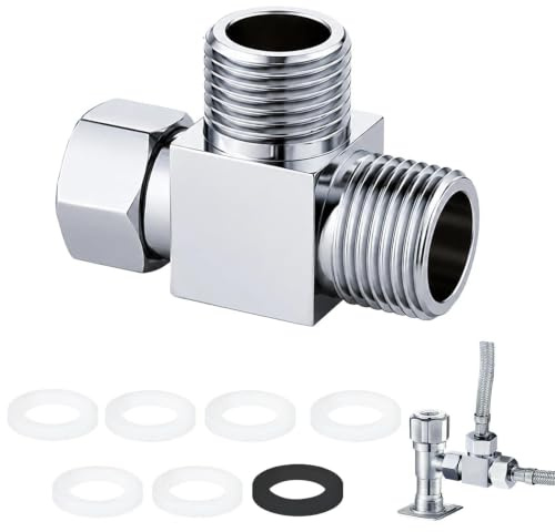 1 Stück 3-Wege Wasserverteiler, T-Stück 1/2 Zoll, Messing T-Adapter Bad | Messing verchromt, 3-Wege T-Adapter mit 7 Dichtungen, G1/2/20mm Anschluss, für Dusche, WC, Küche und Waschmaschine