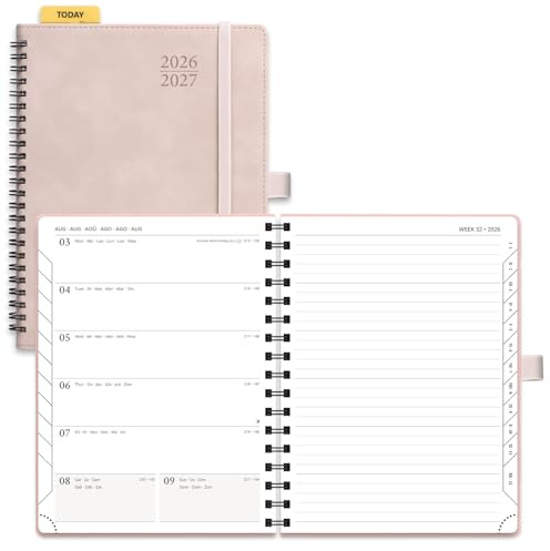 POPRUN Academic 2026-2027 Diary A5 Week to View Spiral with Note Page | 16.4x21.8cm, Soft Cover 26/27 Mid Year Weekly Planner & Notebook in One, Monthly Tab, 80GSM Paper (Pink)