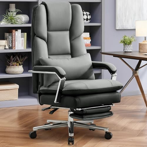 Ckaff Bürostuhl Ergonomisch, PU Leder Chefsessel, Bürostuhl 200kg mit Fußstütze und Lendenwirbelstütze, Home Office Stuhl Verstellbarer Stuhl mit hoher Rückenlehne, Grau