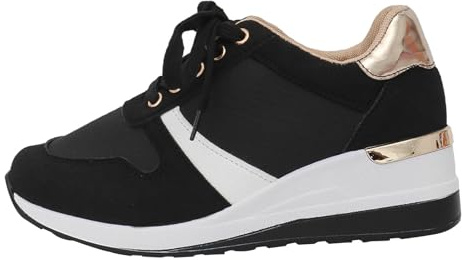 YIzdegg sneakers med kilklack dam, tjock sula, sportskor med skosnören, fritidsskor, bekväma löparskor, lätta joggingskor, halkfria, vandringsskor, klassiska sneakers, svart, 39