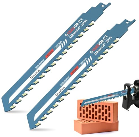 2PCS Reciprocating Saw Blades, 10 inch Concrete Saw Blade Masonry Cutting Blade Carbide Tipped Saws Blades Heavy Duty Recip Saws with Universal Shank for Brick Cement Composite Panel (S1543)