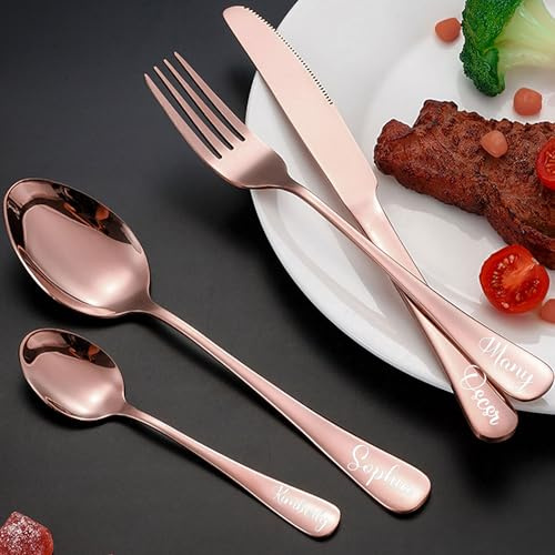 Cubiertos Grabados Personalizados, Juego de 4 Piezas, Juego de Cubiertos de Acero Inoxidable Grabados, Cubiertos Personalizados para Adultos, Tenedor, Cuchillo, Cuchara y Cucharilla (Oro rosa)