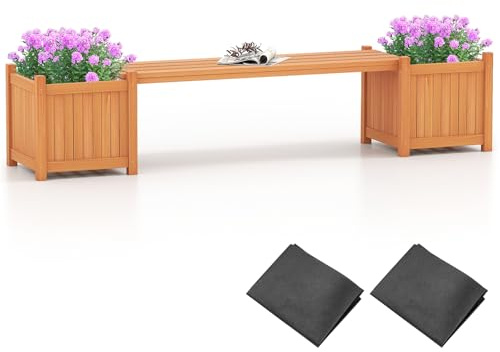 TANGZON Wood Planter Box with Bench, Raised Garden Bed with Seat & Open-ended Base, Outdoor Flower Planter Kit Patio Decor Bench for Garden Yard Balcon (Orange,2 Planter Box, 170 x 35 x 35 cm)