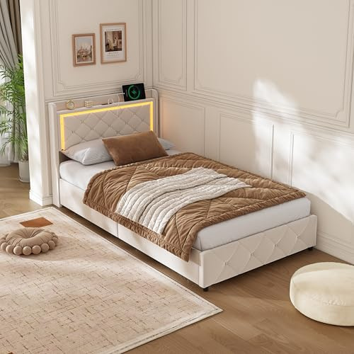 KSFASHZ Boxspringbett 90x200 mit Bettkasten, Polsterbett 90x200 mit Stauraum, Jugendbett mit LED Beleuchtung, Stauraumbett mit Kopfteil, Funktionsbett mit Stauraum, Einzelbetten, Keine Matratze