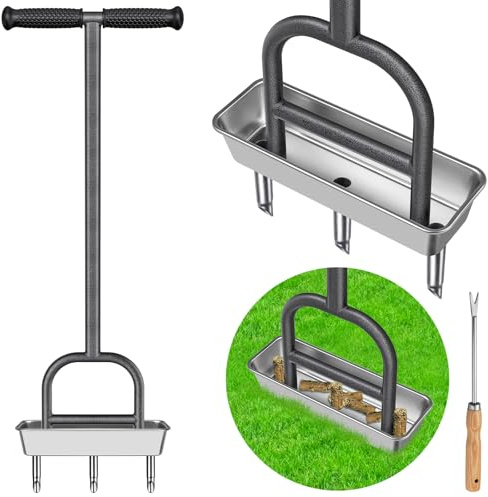 Lifeswell Rasenlüfter, Aerifizierer für Rasen Hohlspoon mit Ablageschale und Gartengeräten, T-Griff Rasenbelüfter Vertikutierer Heavy Duty Rasenspecht Rasen Belüften für Verdichtete Böden Rasenpflege
