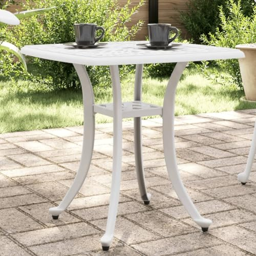 LoogCape Trädgårdsbord i vitt av gjuten aluminium 53 x 53 x 53 cm, 4 ben för terrass balkong, lättvårdat väderbeständigt terrassbord för utomhus loungebord