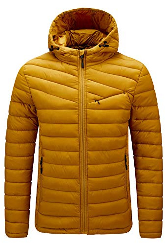 YAOTT Hombre Chaqueta Acolchada con Capucha Ajustable con cordón,Abrigo de Invierno Parka Plegable Ligero Cazadora Plumas de Entretiempo al Aire Libre Amarillo L