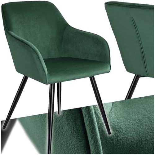 tectake® moderner Esszimmer Stuhl mit Armlehnen, Sitzfläche aus Samt, Armlehnstuhl, Sessel Wohnzimmer, gepolsterter Bürostuhl mit schwarzen Metallbeinen, Schminktisch Stuhl - dunkelgrün/schwarz