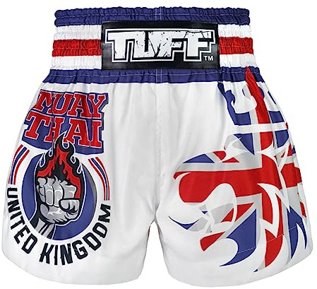 Tuff Sport Pantalones cortos de Muay Thai para boxeo, artes marciales mixtas, kickboxing, estilos tradicionales, Tuf-ms666-wht, Medium