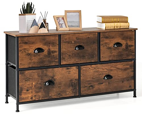 GOPLUS Kommode mit 5 Schubladen, Sideboard mit klappbaren, verstellbaren Fußpolstern, Stahlrahmen & Holzplatte, Schubladenschrank für Schlafzimmer, Eingangsbereich, rustikales Braun