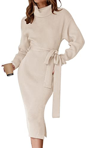 ZESICA Women's Turtleneck Sweater Midi Dress Long Sleeve Ribbed Knit Bodycon Slit Dress with Belt,Apricot,Small
