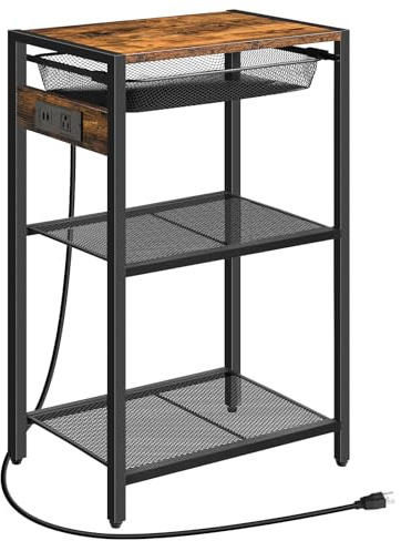 HOOBRO Tall Side Table with Charging Station, Industrial Telephone End Table with Pull-Out Metal Storage Drawer, Tall Slim Nightstand for Living Room, Bedroom, Office, Rustic Brown BF06UDH01