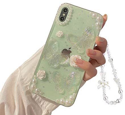 Ownest Handyhülle Kompatibel iPhone X/iPhone XS Hülle Schmetterling Blume Transparent Design Aesthetic Frauen Mädchen Glitzer Kristall Süßes Case + Perlenkette