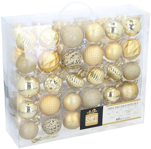 Giftsome 60 Weihnachtskugeln Set - Christbaumkugeln Gold - Weihnachtsbaum Deko - Christbaumschmuck - weihnachtsbaumkugeln - Für den Innen- und Außeneinsatz - Kunststoff