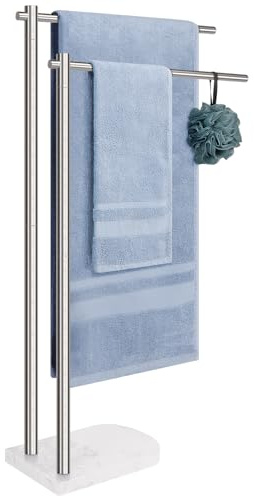 Livabber Standing Towel Rack, 304 Stainless Steel 2-Tier Towel Holder Stand with Marble Base, Modern Stylish Tall Shower Towel Bar for Bathroom Accessories, Pool（Brushed Nickel）