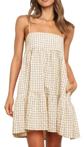 Wenrine Womens Summer Plaid Mini Dress Casual Spaghetti Strap Sleeveless A Line Beach Sundress with Pockets Apricot Yellow
