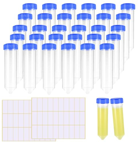 26 stycken 50 ml provrör plast provrör med lock, centrifugrör 50 ml, tomma provrör med skruvlock, provbehållare för laboratorievätskor kryddor, med klistermärken