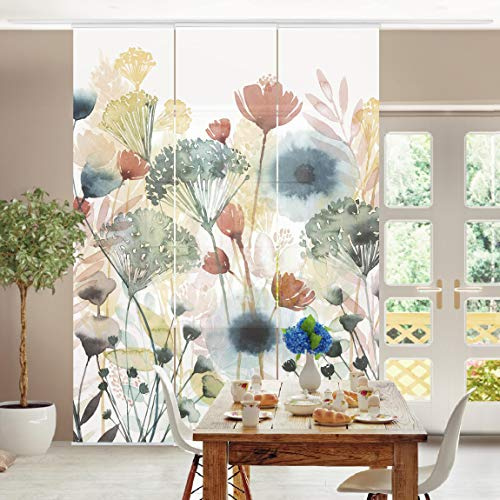 micasia Schiebegardine halbtransparent 60er Paneel Klett Blumen Textil lichtdurchlässig - Motiv Aquarell Flächenvorhang Weiss Wohnzimmer Schlafzimmer 2070 (180x250 cm - 3er Set)