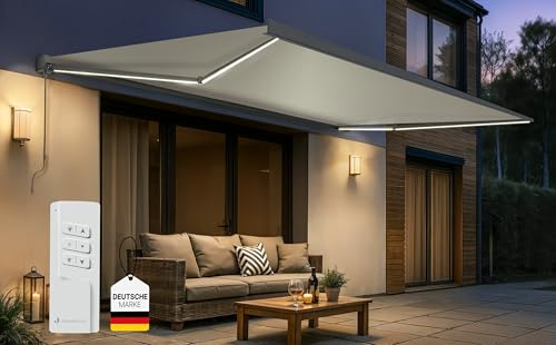 paramondo Elektrisch Kassettenmarkise Quadris mit LED Beleuchtung, Markise Gelenkarmmarkise Sonnenmarkise Sonnenschutz, mit jarolift Funkmotor & Funkhandsender, komplett vormontiert, 4,95 x 3,5 m