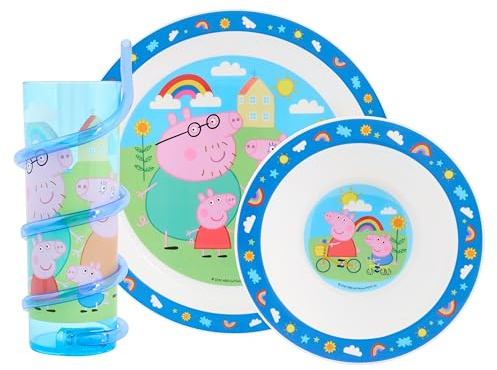 Peppa Pig Juego de vajilla Hooray para niños: incluye plato, cuenco y vaso de paja retorcido con Peppa, George, Daddy Pig y Mummy Pig.