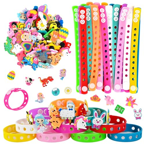 GOLDGE 20 Pcs Silicone Charm Bracelets for Kids with 50 Pcs Decorative Charms – Adjustable 8-Inch Rubber Wristbands for Students, Fun Charms & Bulk Party Favors for Boys & Girls