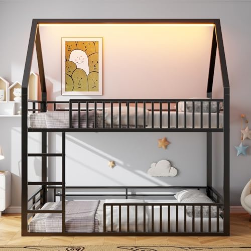 PUGSDRLY Lit Superposé Enfant 140x200cm en Métal,Lit Superposé 2 Places,Design Loft,Forme du Toit,avec éclairage LED,pour Enfant,sans Matelas (Noir)