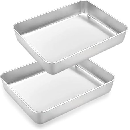2 PCS Baking Tray Set, Stainless Steel Bake Deep Cake Tin Baking Sheet Pans Dishwasher Safe Rectangle Traybake Tin for Brownie Lasagna 30×25×5.5cm