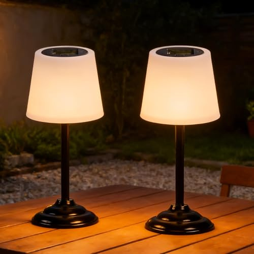 Solar Tischlampe Outdoor Lampe, Solar Tischleuchte Kabellos Akku LED Solartischlampen mit Lichtsensor, 2 Stück IP65 Warm Licht Solarlampen Outdoor&Indoor für Garten Terrasse Balkon Patio