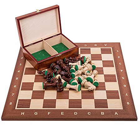 Square - Pro Schach Set Nr. 6 Mahagoni + 2 Extra Damen - Schachbrett + Schachfiguren Staunton 6 + Kasten - Schachspiel aus Holz