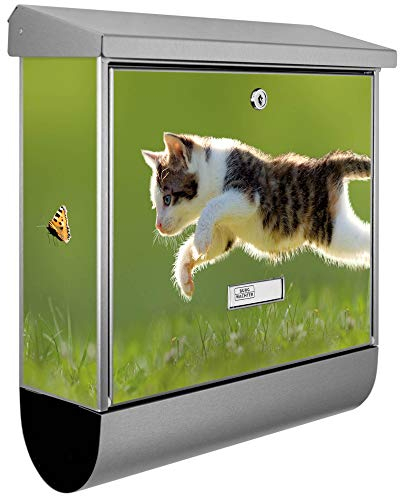 banjado® Burgwächter Briefkasten Edelstahl 38x39x12cm mit Motiv Jagende Katze/Briefkasten Edelstahl ohne Zeitungsfach/Briefkasten grau/Postkasten inkl. Montagematerial & 2 Schlüsseln