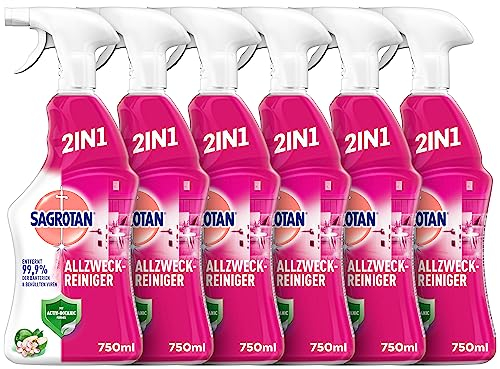 Sagrotan Allzweck-Reiniger – 2in1 Desinfektionsmittel für die zuverlässige Reinigung von Oberflächen – 6 x 750 ml Sprühflasche