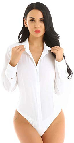 inlzdz Camicia da Body Elegante a Maniche Lunghe Slim Fit Estiva Bodysuit da Donna Maglia Colletto Perizoma Bodysuit Shirt Body Elegante Ufficio Bikini Casual Bianco S