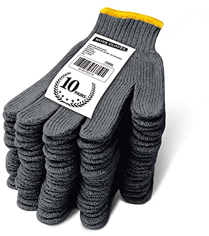 Evridwear Cotton Work Gloves Light-duty String Knit BBQ Glove Liner for Outdoor Cooking, Painting, Gardening Men & Women 10 Pairs (Grey, Large)