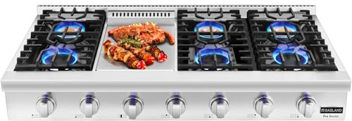 GASLAND 48 Inch Gas Cooktop, Professional Natural Gas Cooktop Slide-in Pro RT4806 with Indicator Light 6 Deep Recessed Sealed burners & Griddle, Cast Iron Grates, Re-ignition 120V Plug-in