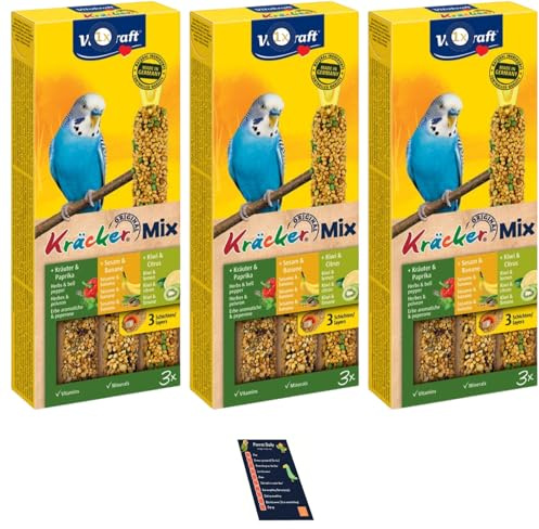 3x packs of Budgies Crackers Trio-Mix (9 sticks in total - including Sesame Seeds, Herbs, Paprica, Banana, Kiwi, Lemon) with Info Card