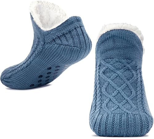 Knitted Slipper Socks for Women Men Thick Lined Warm Holding Non Slip Blue