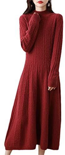 Hamthuit Vestiti da donna Maglione di cashmere lavorato a maglia Abito lungo in lana donna dolcevita gonna ufficio autunno inverno, Red, XXL