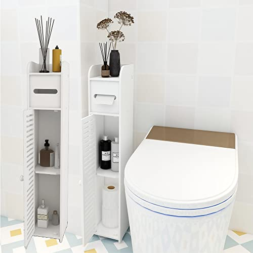 Qimu Waterproof Bathroom Cabinet,FreeStanding White Home Storage Floor Standing Cabinets,with Daily Use Layer and 1 Cupboard Door,Multi-purpose Cabinet for Store Toilet Paper,Books,Shampoo