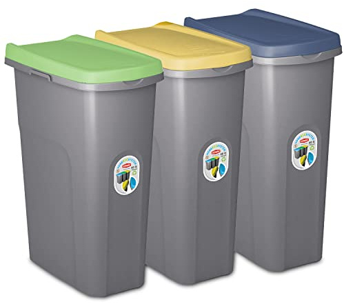 Home Centre Set of 3 Lift Top 40L Slim Waste Bins, Plastic, Made in Italy | Kitchen recycling bins, general trash & rubbish storage, lid waste container, school dustbin organiser