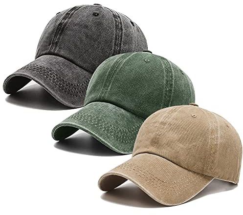 3 Pack Washed Plain Vintage Baseball Cap Cotton Adjustable Twill Bulk Low Profile Classic Dad Hat for Men/Women(Dark Green+Black+Khaki)